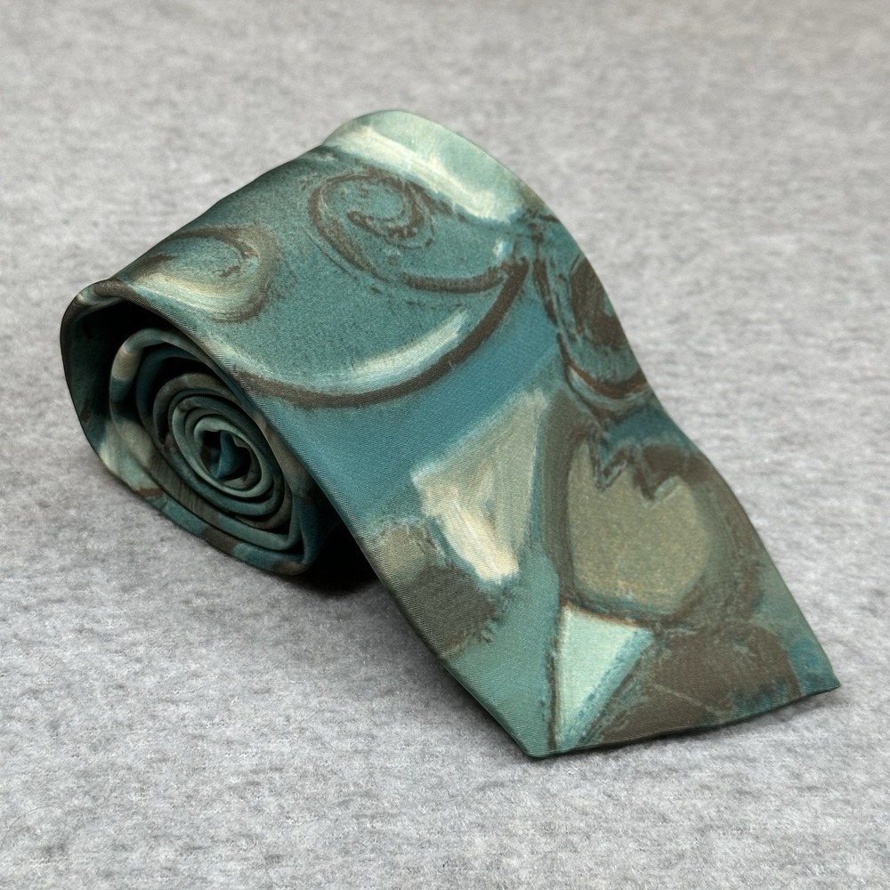 Vintage Camden Court Mens Tie Teal Green Abstract‎ Swirls Microfiber Made In USA